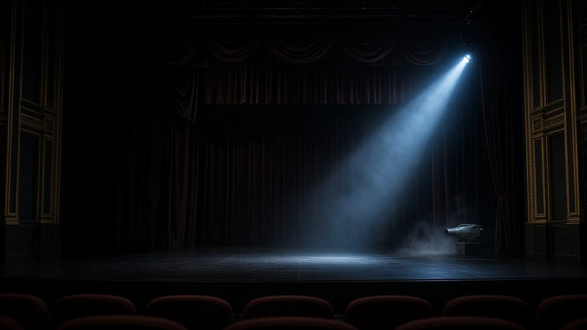 An empty theater stage seen from the stalls
