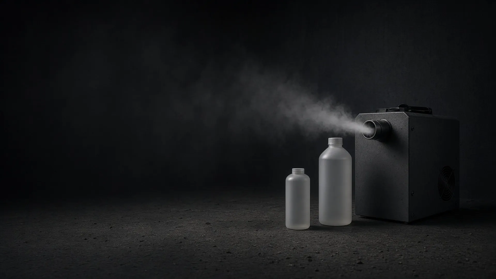 Two unlabeled frosted fluid bottles beside a fog machine on a concrete studio floor
