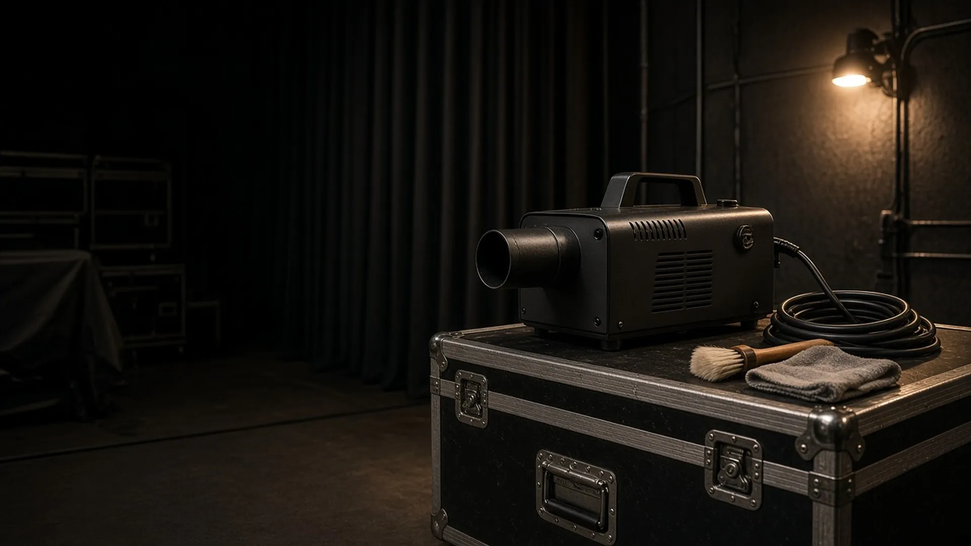 A fog machine on a flight case in a tidy backstage area