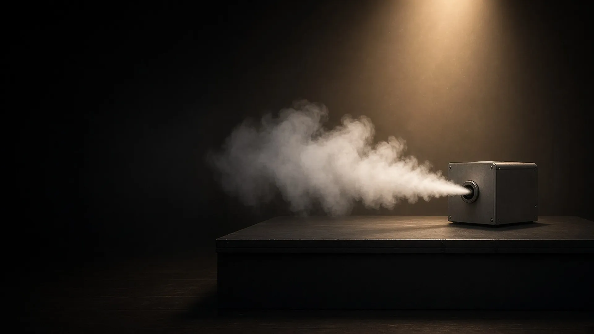 A fog machine on a black stage riser releasing a soft plume of fog into a warm spotlight