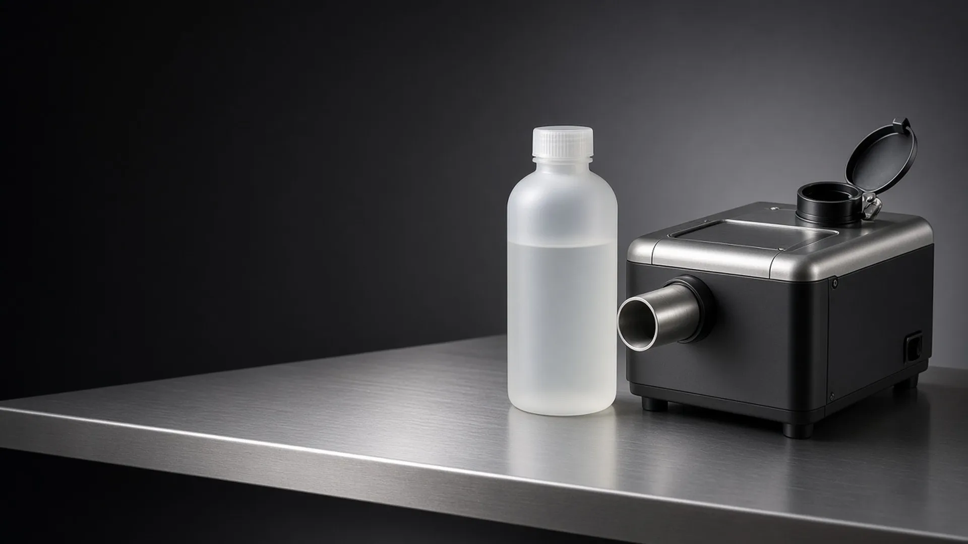 An unlabeled frosted fluid bottle beside an open fog machine tank cap on brushed steel