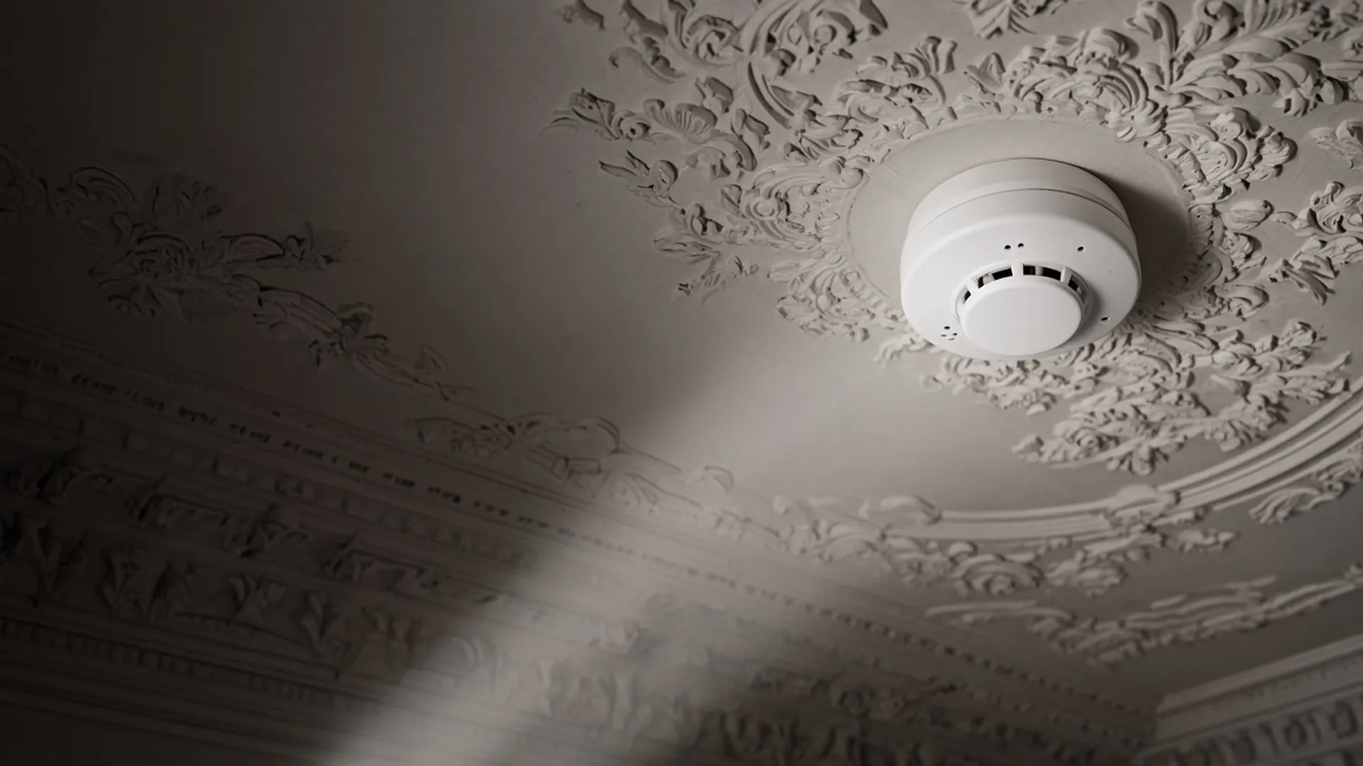A white ceiling smoke detector in sharp focus