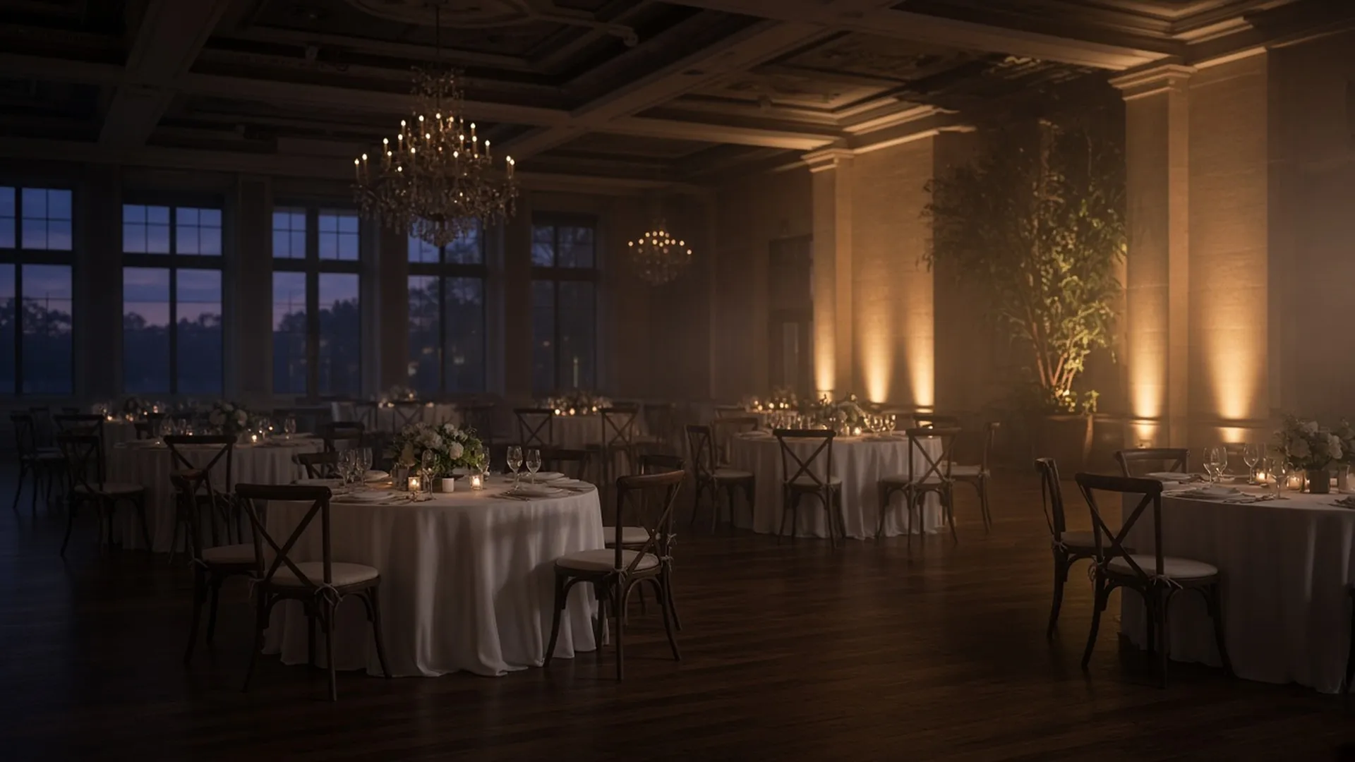 An empty wedding reception hall at dusk