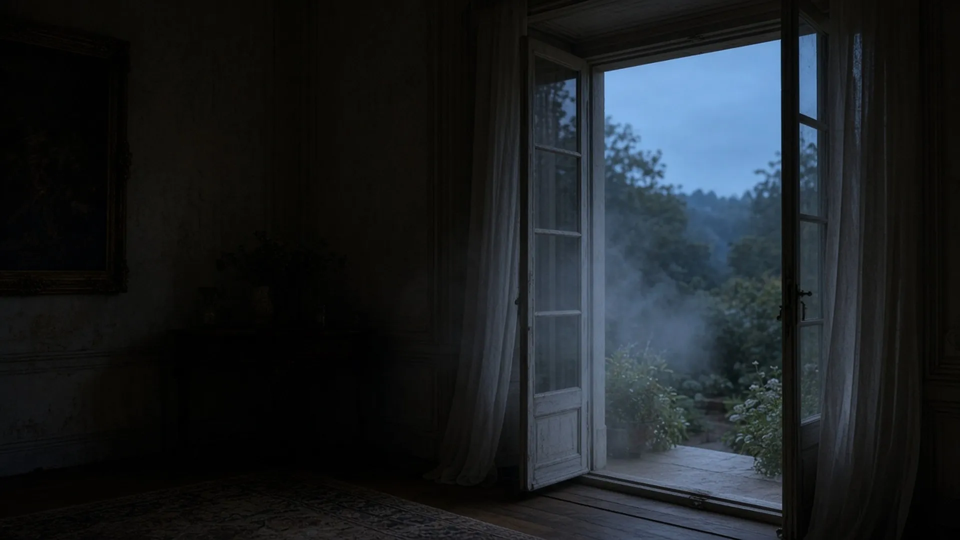An open terrace door from a lofty room