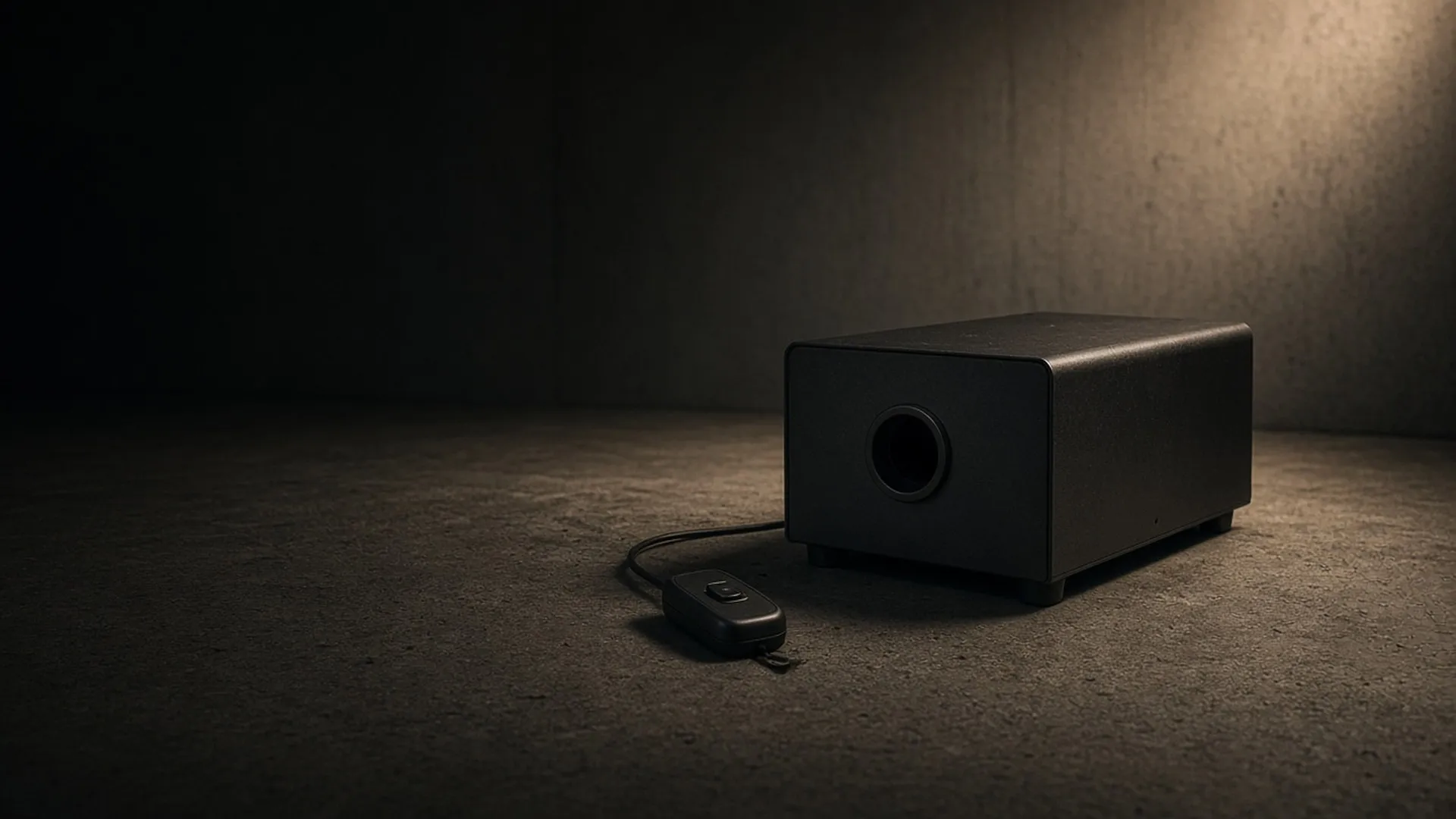 A fog machine sitting level on a concrete floor with clear space around it