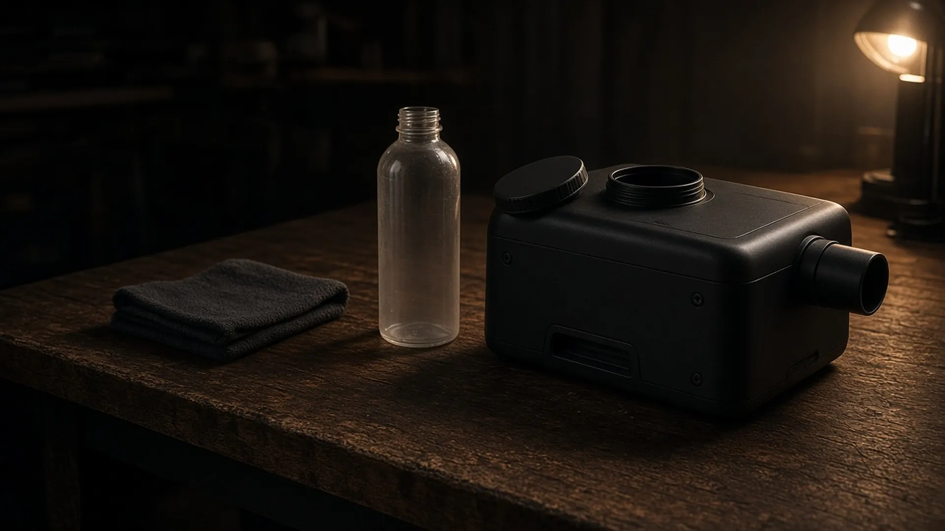 A fog machine on a workbench with the tank cap off