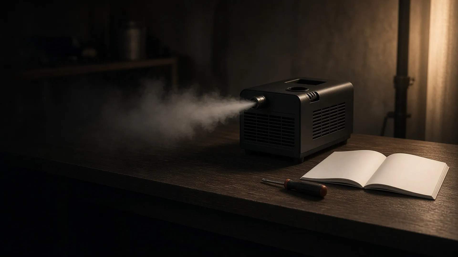A fog machine on a bench with its manual open beside it