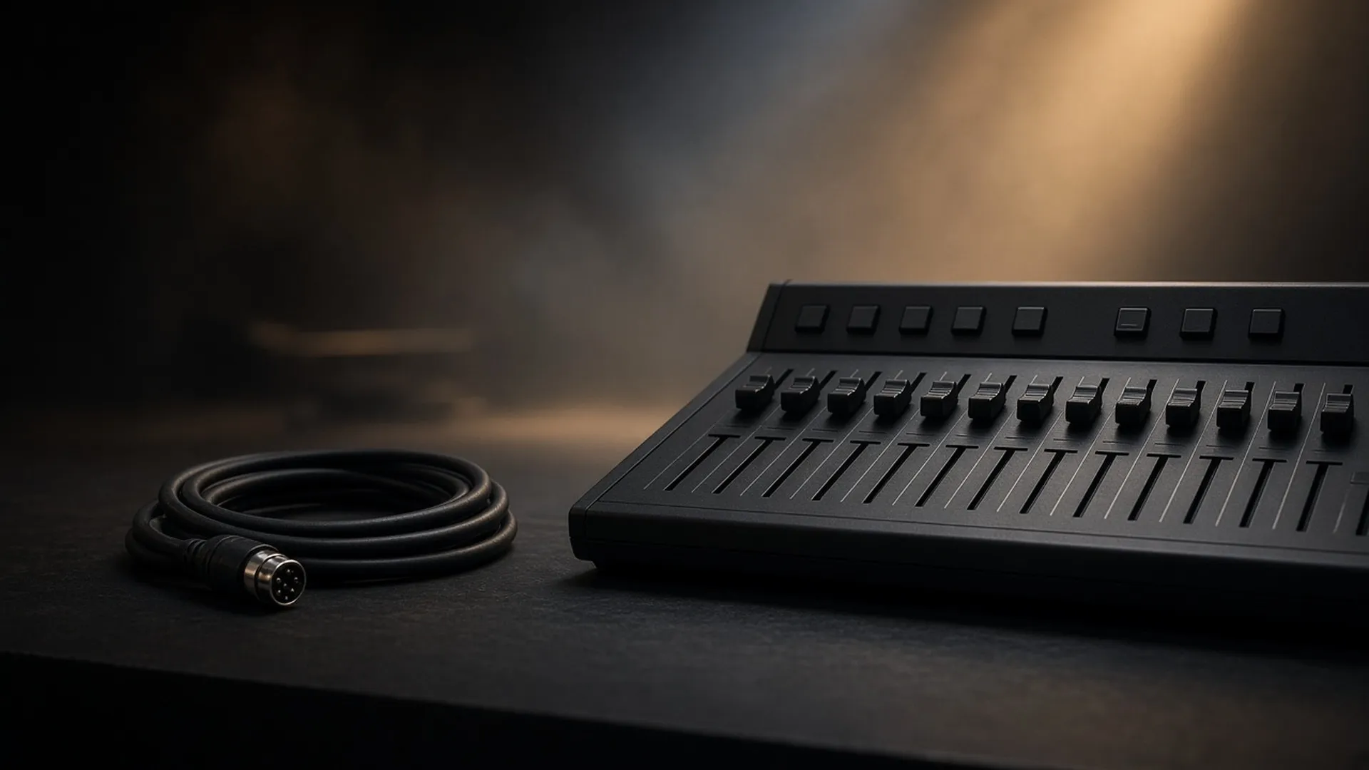 A compact lighting desk with sliders and a coiled five-pin cable beside a fog machine
