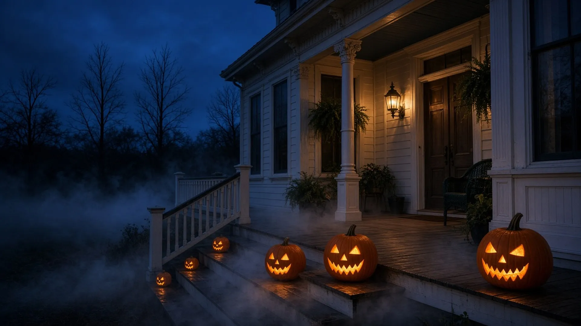 A front porch at dusk with carved pumpkins and low fog drifting across stone steps