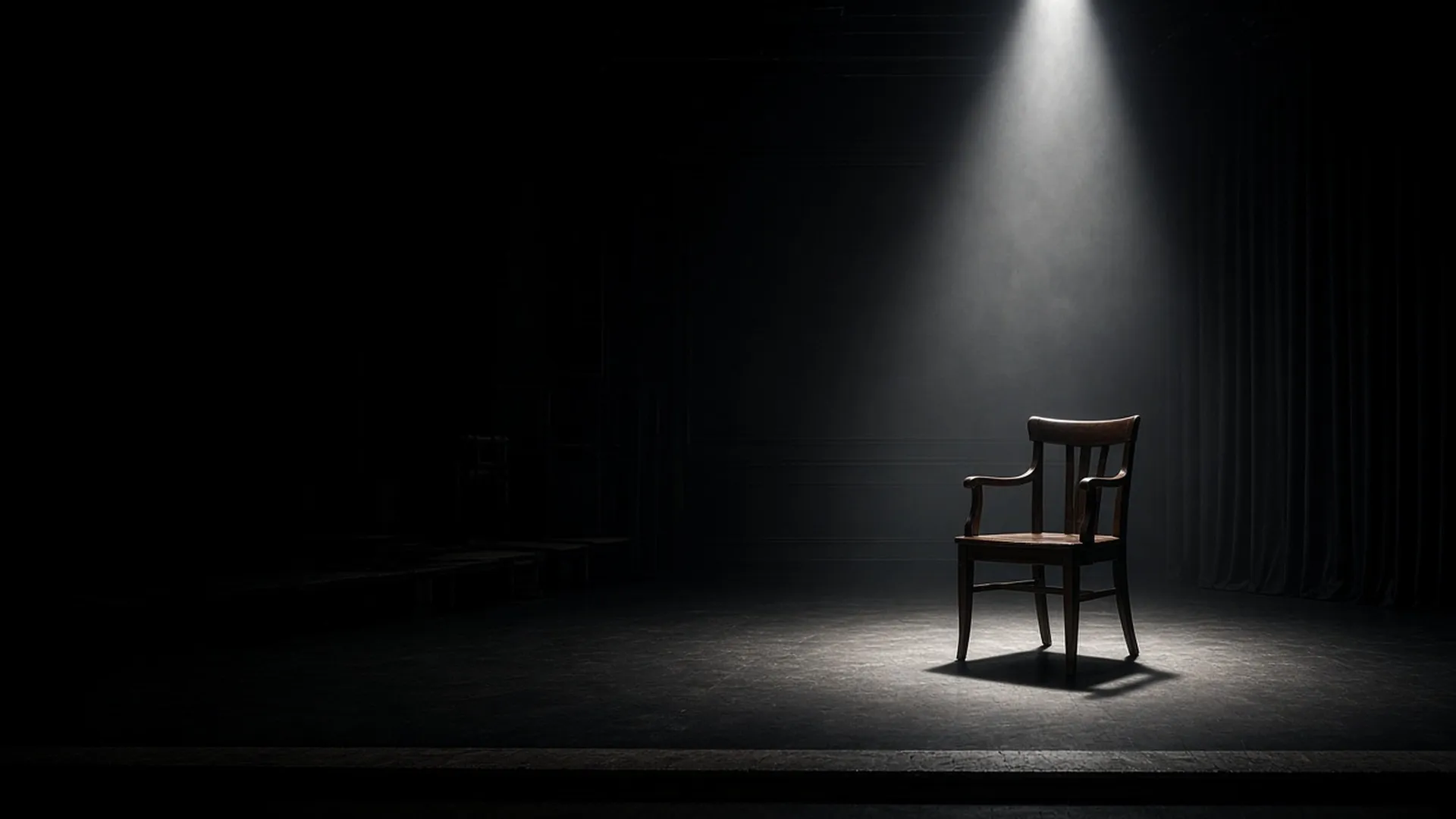 A quiet stage with a single chair in a pool of hazy light