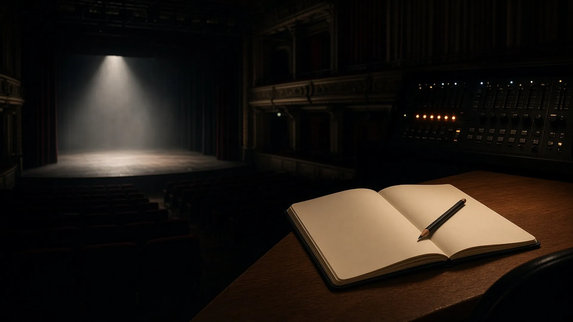 An open notebook on a lighting desk in an empty theater