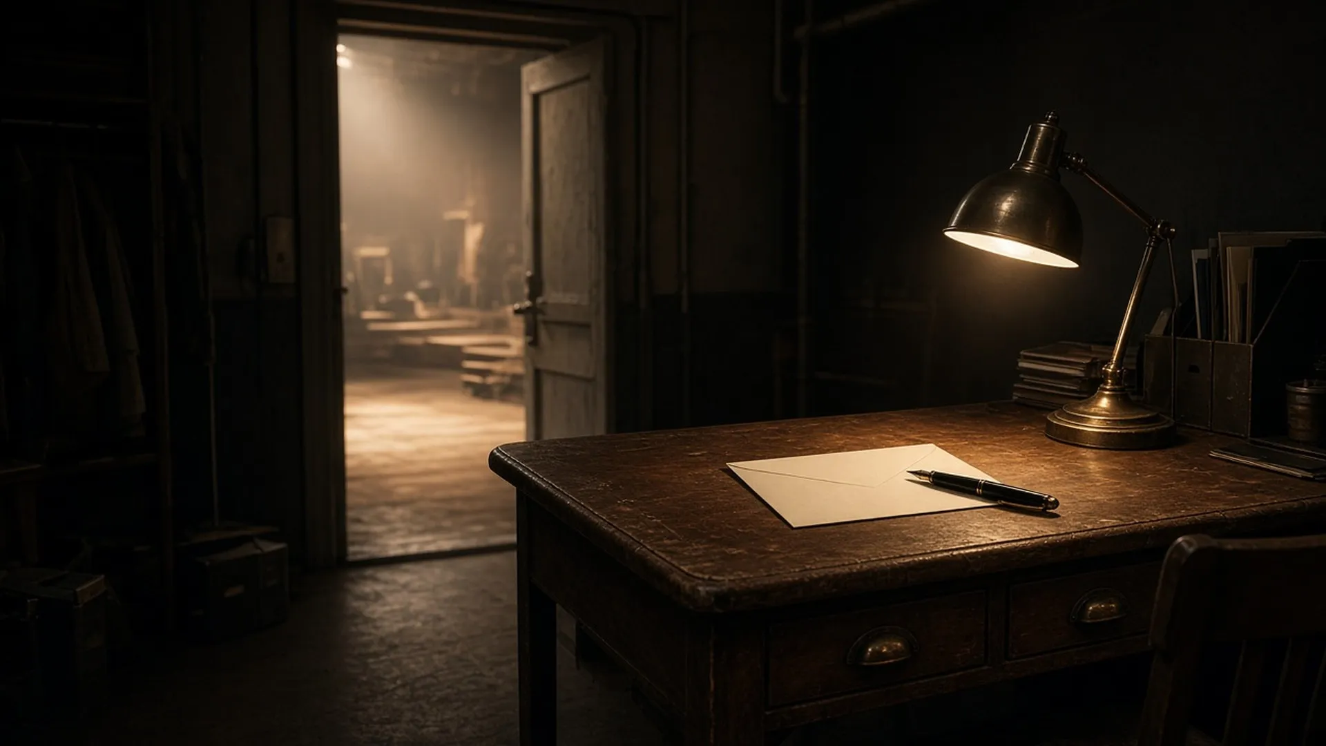A writing desk in a backstage office