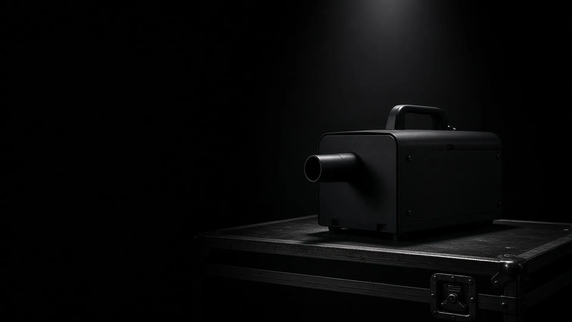 A fog machine on a flight case under a single soft beam