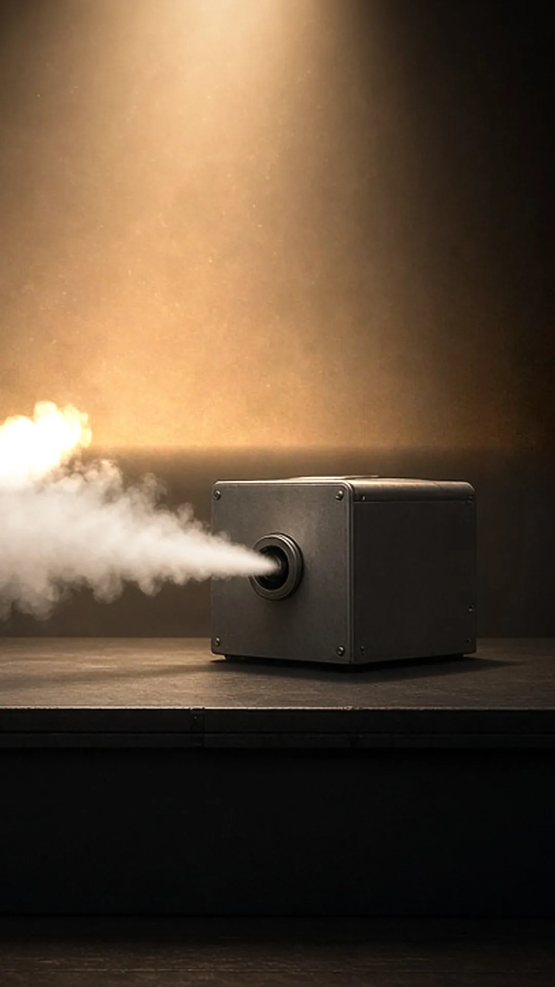 A fog machine on a black stage riser releasing a soft plume of fog into a warm spotlight
