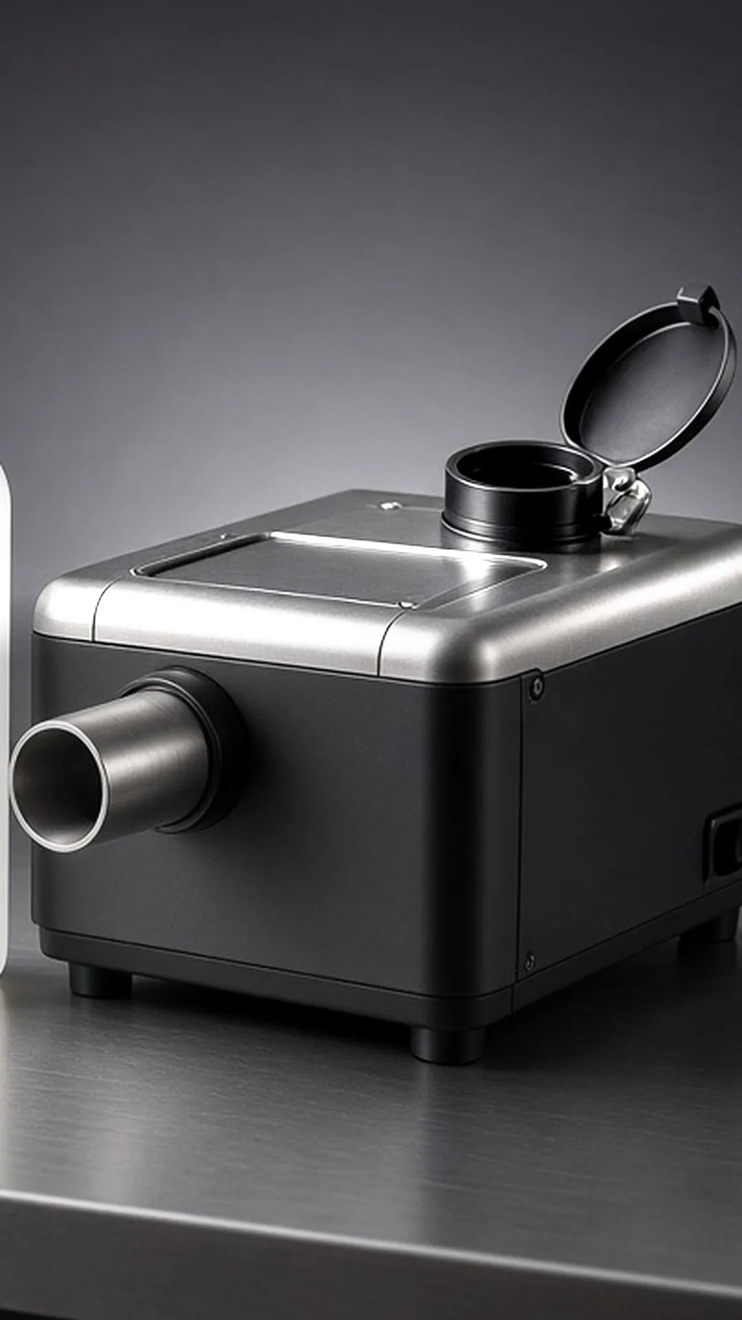 An unlabeled frosted fluid bottle beside an open fog machine tank cap on brushed steel