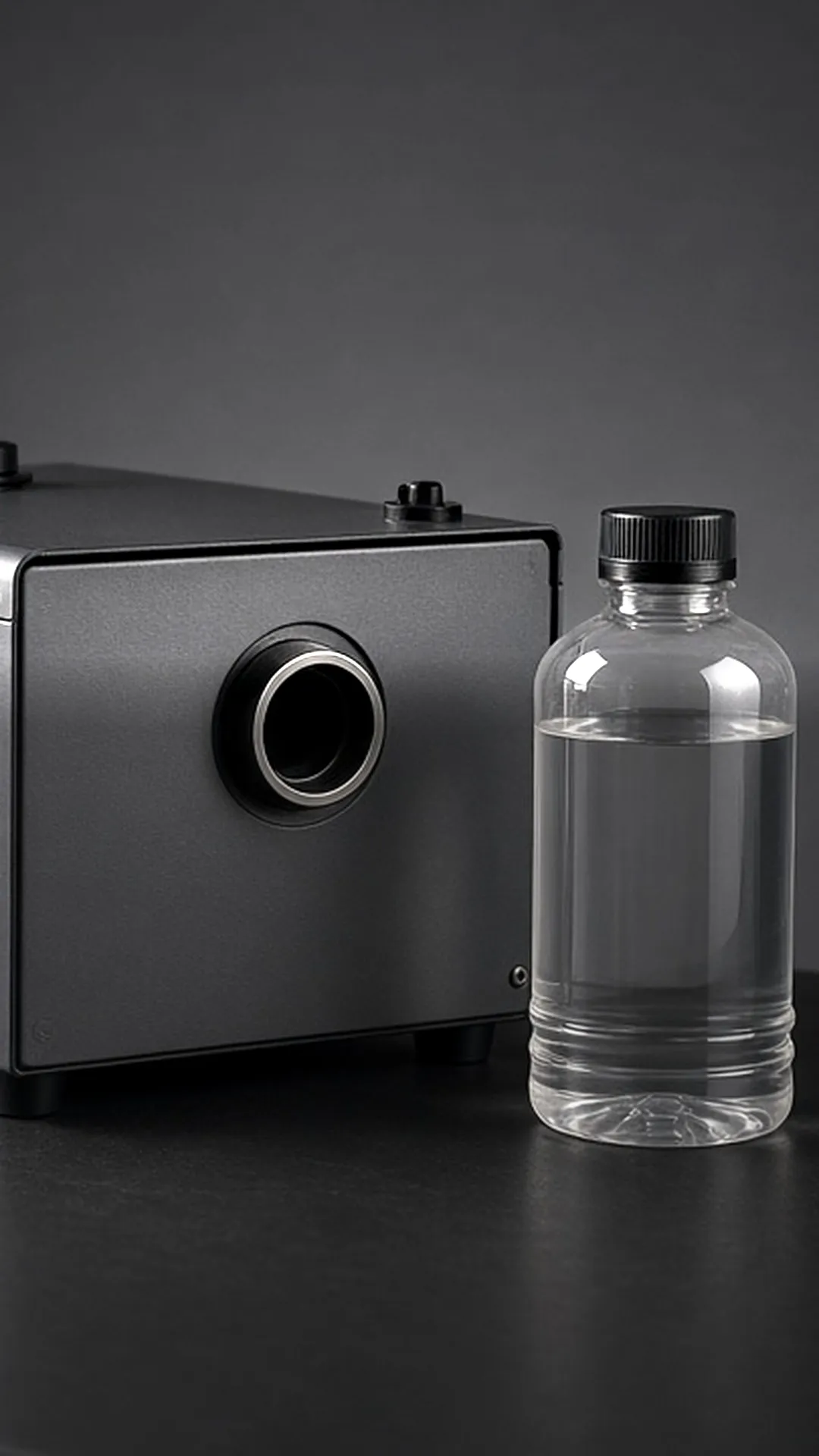 A closed fog machine beside a single unlabeled sealed fluid bottle on a clean workbench