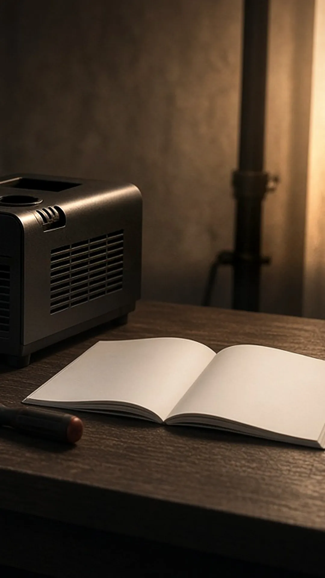 A fog machine on a bench with its manual open beside it