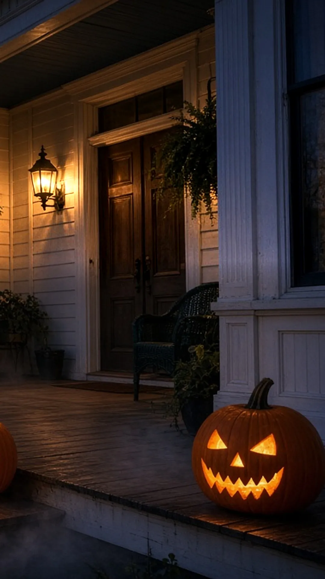 A front porch at dusk with carved pumpkins and low fog drifting across stone steps