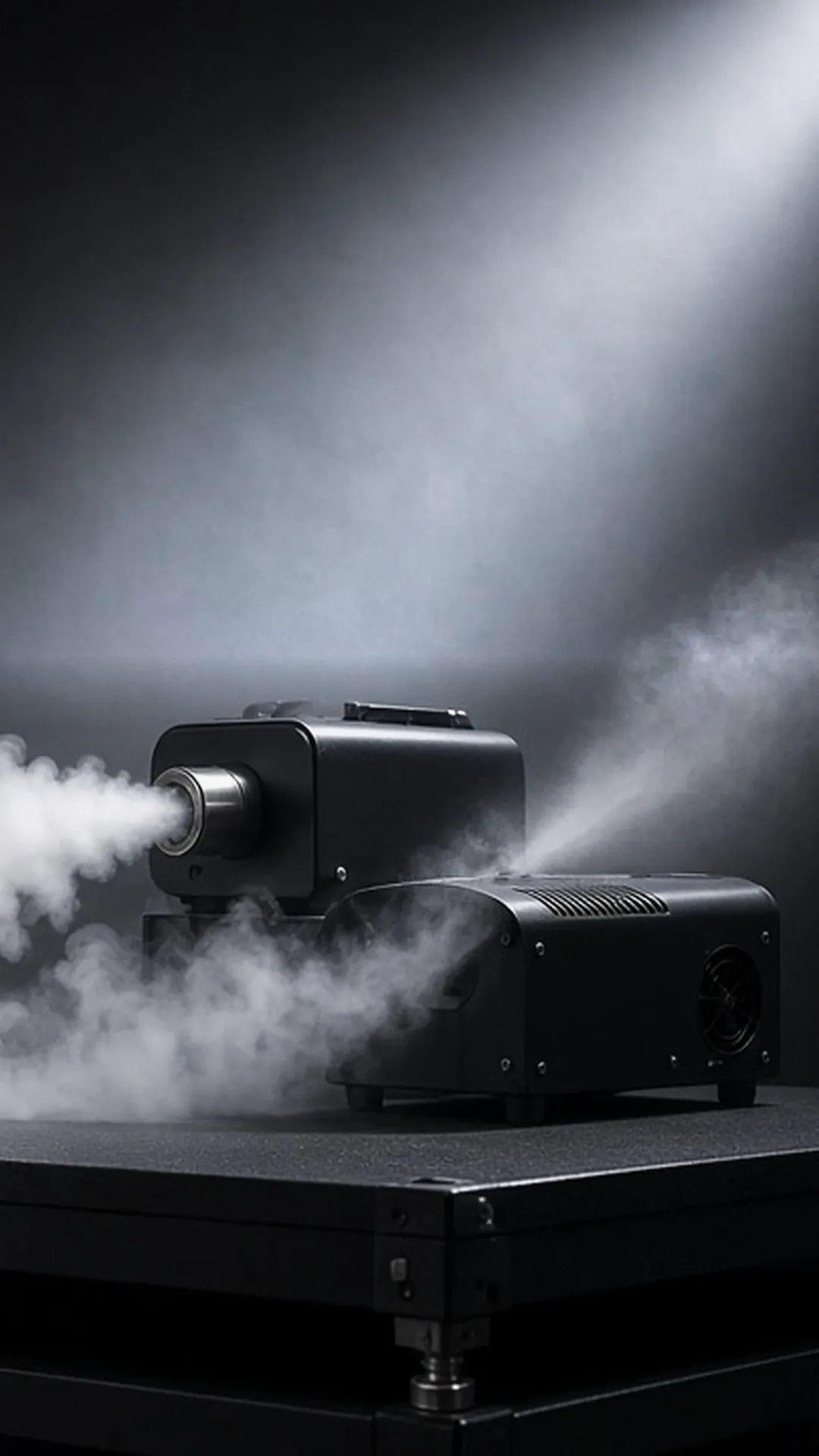 A fog machine and a hazer side by side on a studio riser