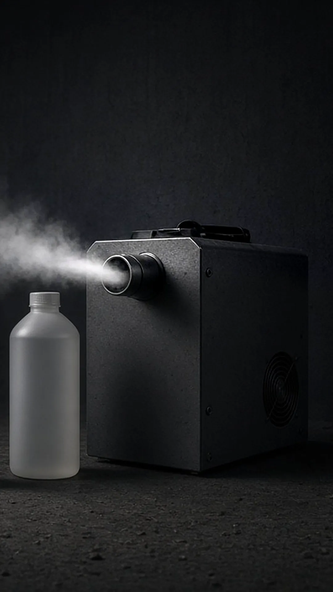 Two unlabeled frosted fluid bottles beside a fog machine on a concrete studio floor