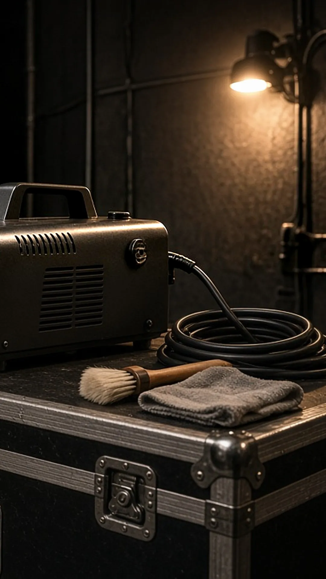 A fog machine on a flight case in a tidy backstage area